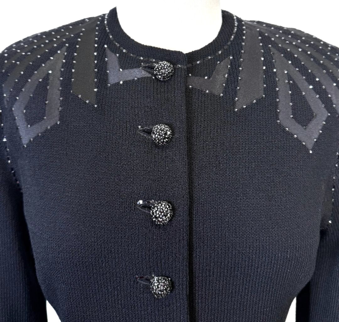 St. John Black Santana Knit Evening Jacket - Crystal Snap Embellishments - Size 8