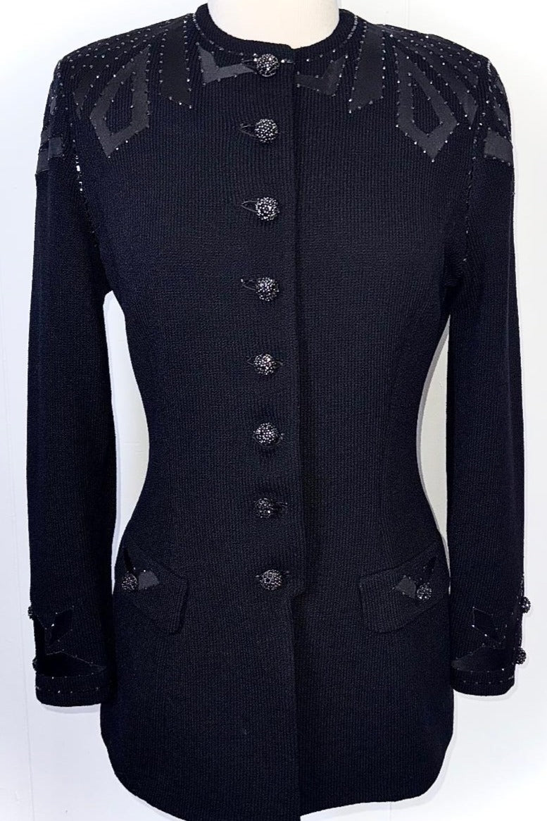 St. John Black Santana Knit Evening Jacket - Crystal Snap Embellishments - Size 8