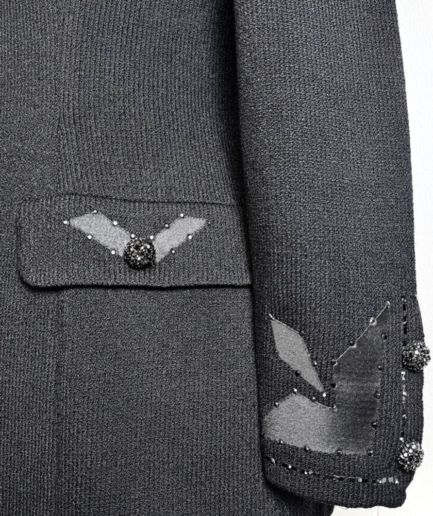 St. John Black Santana Knit Evening Jacket - Crystal Snap Embellishments - Size 8