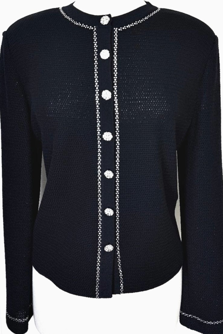 St. John Lightweight Black Novelty Santana Knit Jacket - Crystal Embellishments - Size 10
