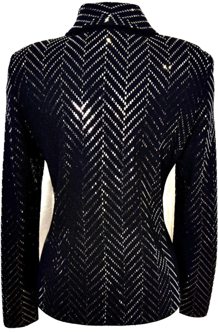 St. John Black Santana Knit Evening Jacket - Allover Gold Paillettes - Size 10