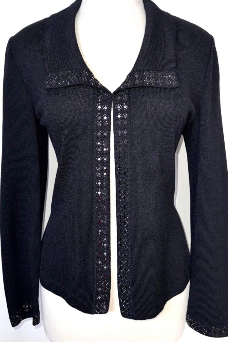 St. John Black Santana Knit Evening Jacket - Paillette Trim - Size 8