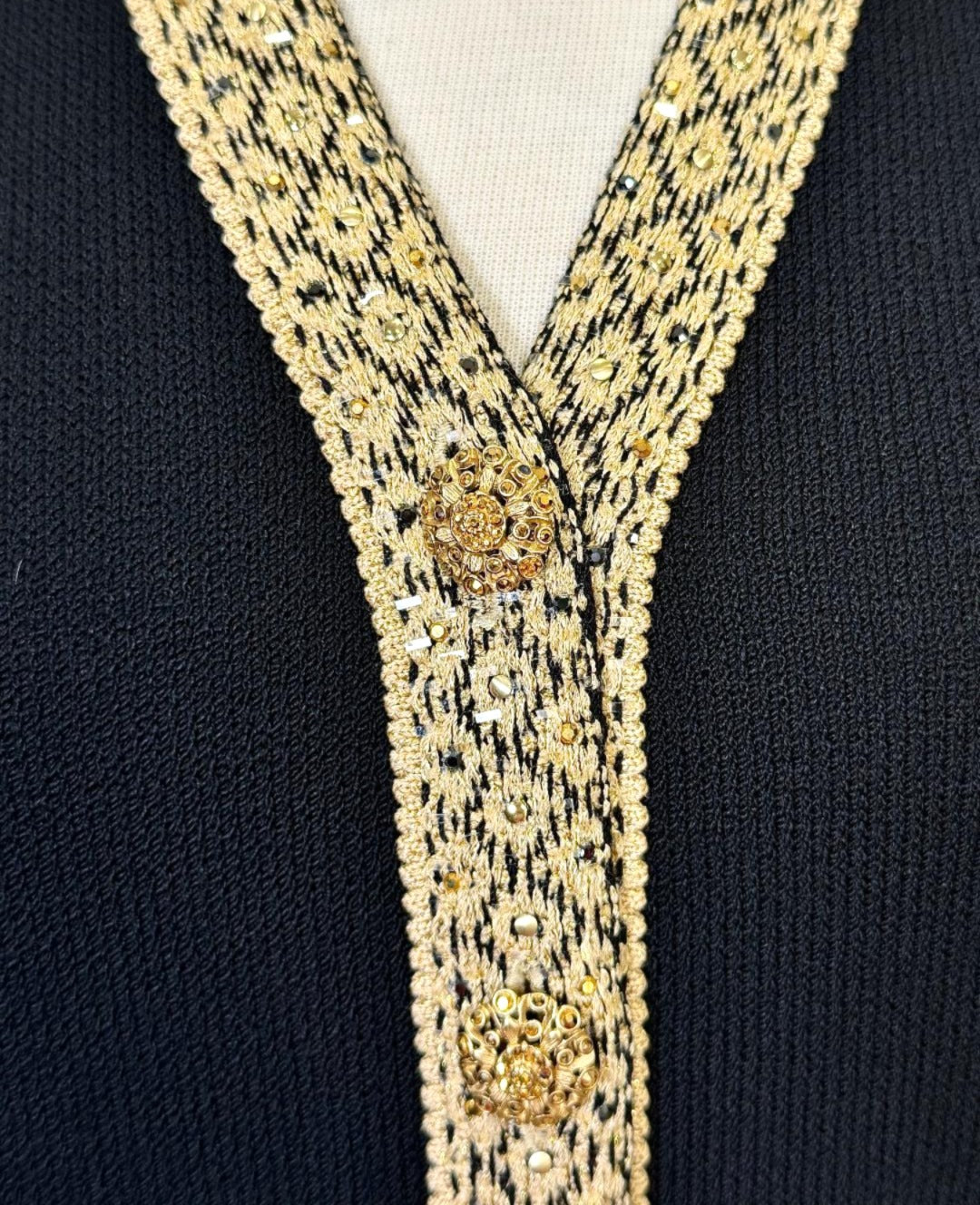 St. John Long Black Santana Knit Jacket - Gold Trim and Paillettes - Size 10
