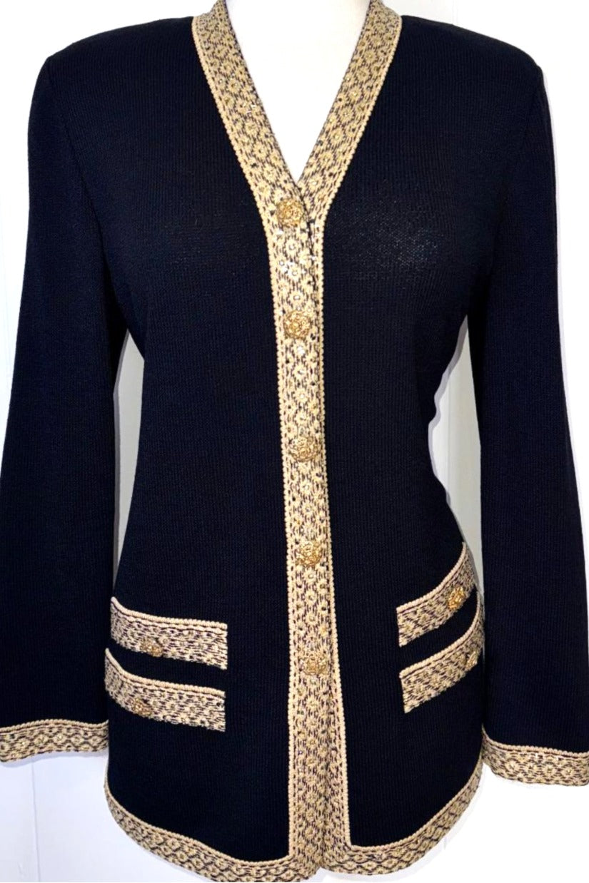 St. John Long Black Santana Knit Jacket - Gold Trim and Paillettes - Size 10