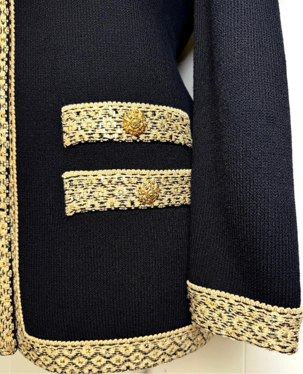 St. John Long Black Santana Knit Jacket - Gold Trim and Paillettes - Size 10