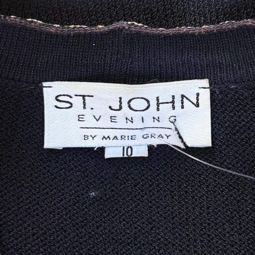 St. John Long Black Santana Knit Jacket - Gold Trim and Paillettes - Size 10
