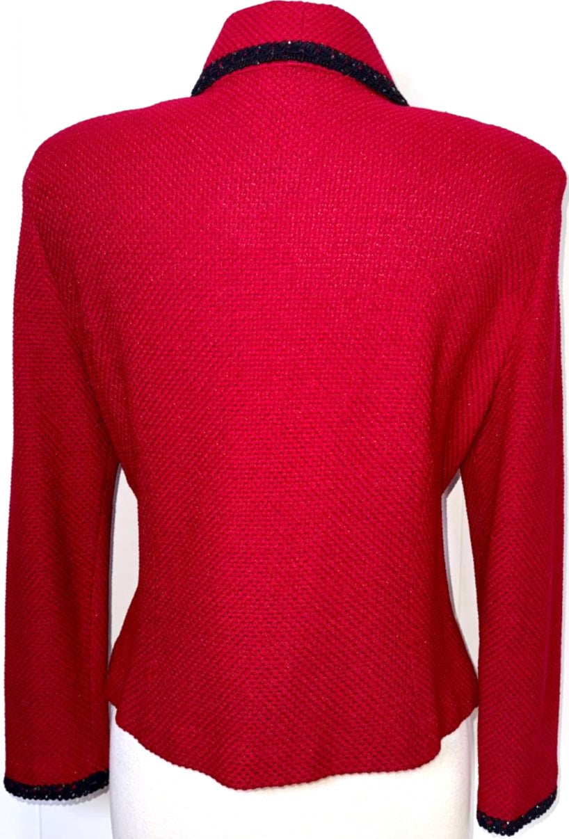 St. John Red Textured Santana Knit Evening Jacket - Black Trim - Size 10