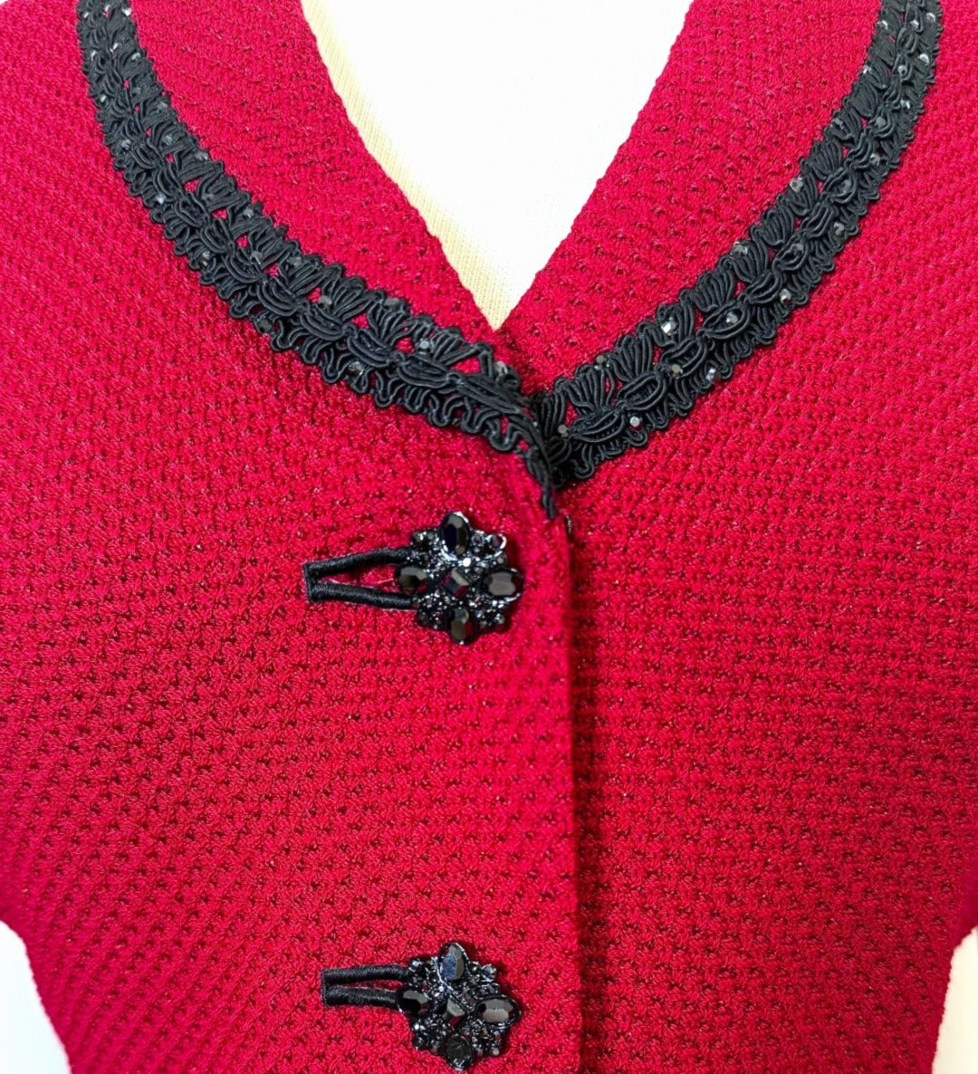 St. John Red Textured Santana Knit Evening Jacket - Black Trim - Size 10