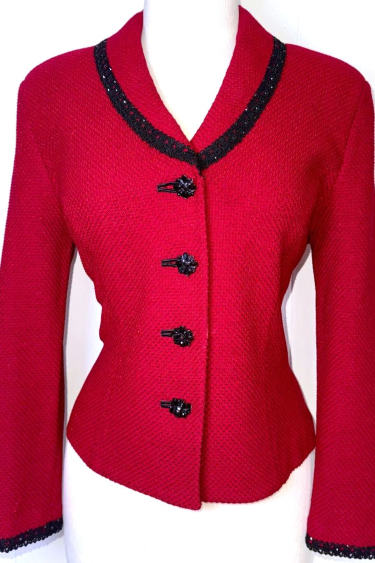 St. John Red Textured Santana Knit Evening Jacket - Black Trim - Size 10