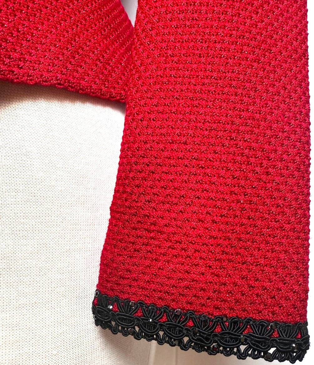 St. John Red Textured Santana Knit Evening Jacket - Black Trim - Size 10