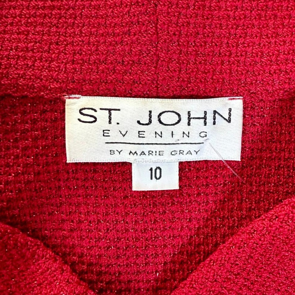 St. John Red Textured Santana Knit Evening Jacket - Black Trim - Size 10