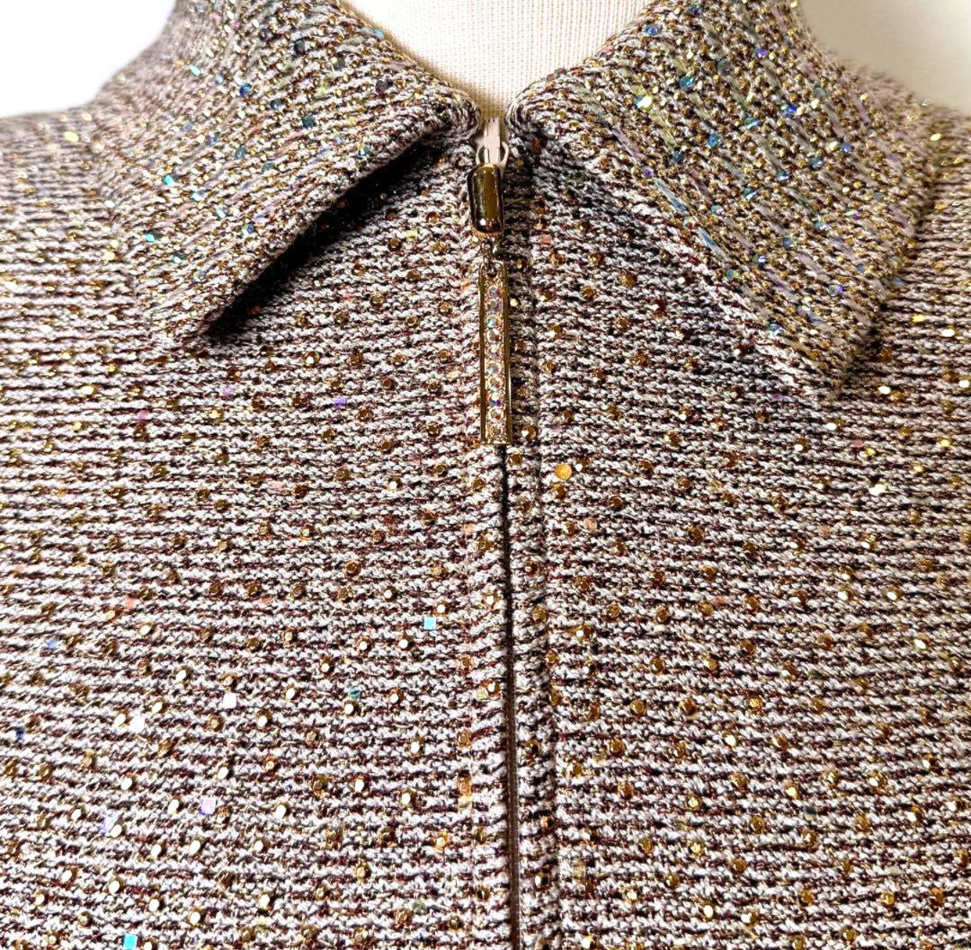 St. John Beige Santana Knit Evening Jacket - Gold & Multicolor Paillettes - Size 10