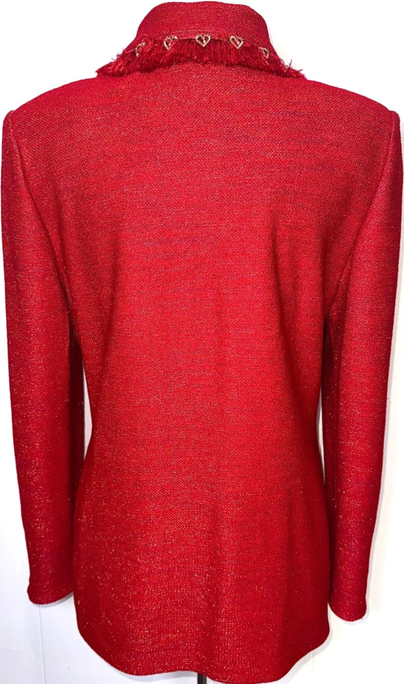St. John Red Textured Knit Jacket - Gold Shimmer, Fringe & Heart Details - Size 10
