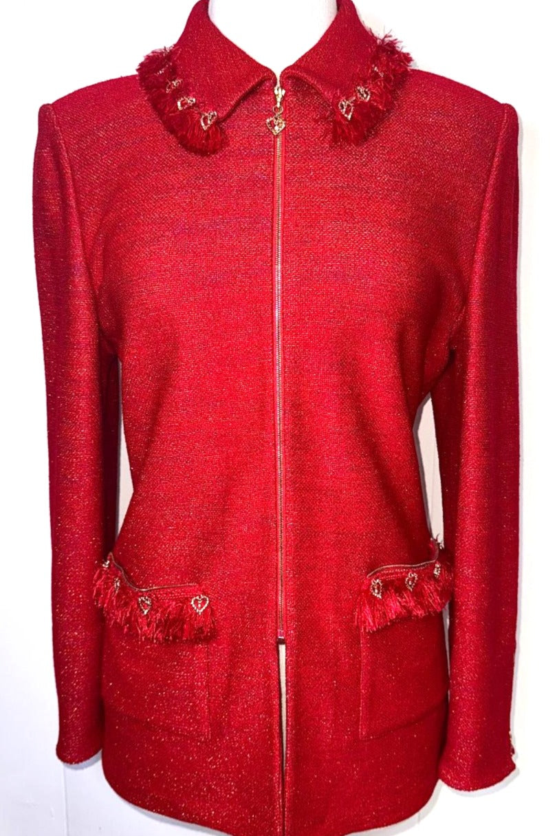 St. John Red Textured Knit Jacket - Gold Shimmer, Fringe & Heart Details - Size 10