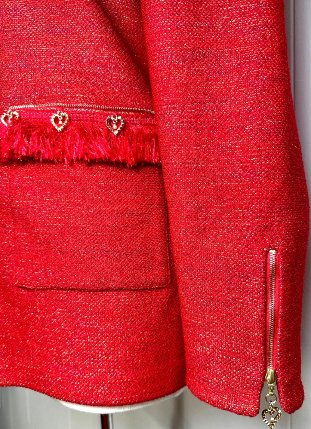 St. John Red Textured Knit Jacket - Gold Shimmer, Fringe & Heart Details - Size 10