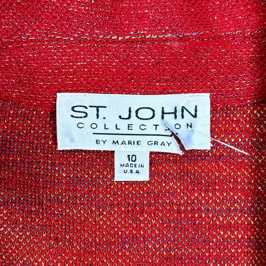 St. John Red Textured Knit Jacket - Gold Shimmer, Fringe & Heart Details - Size 10