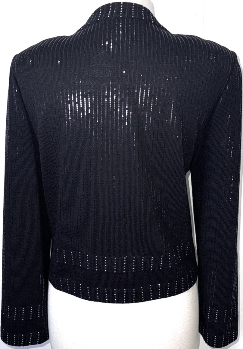 St. John Black Santana Knit Short Evening Jacket - Allover Paillettes - Size 16