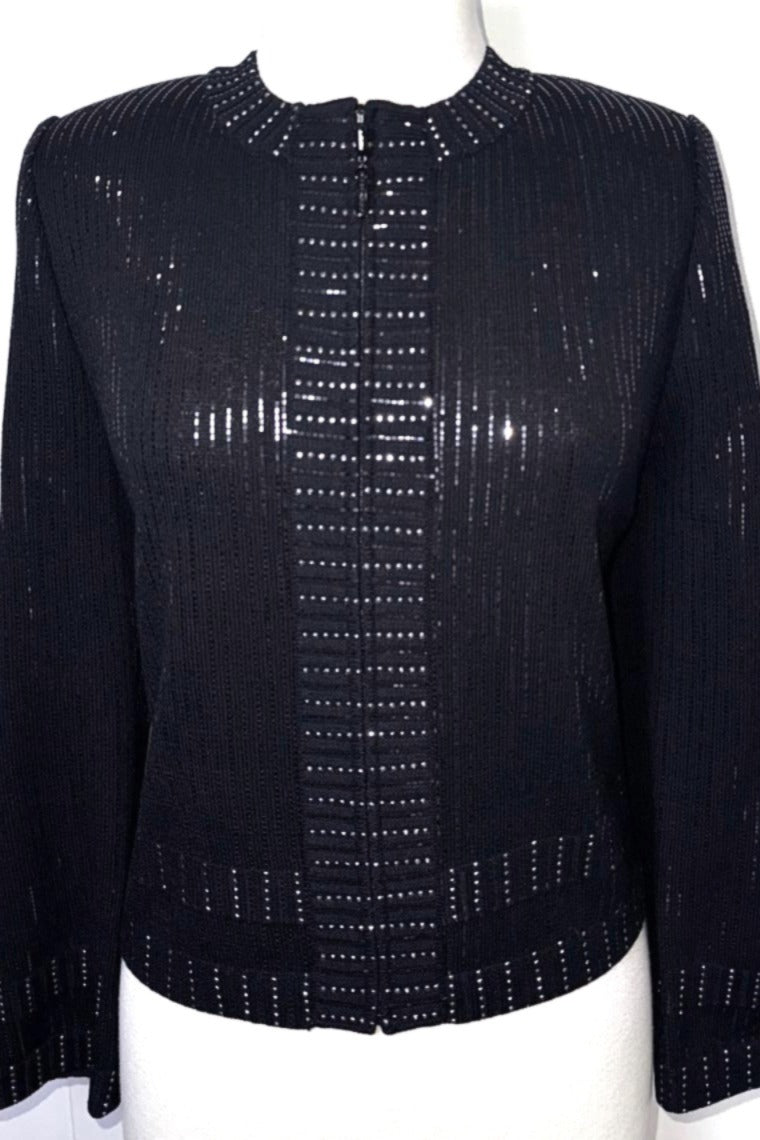St. John Black Santana Knit Short Evening Jacket - Allover Paillettes - Size 16