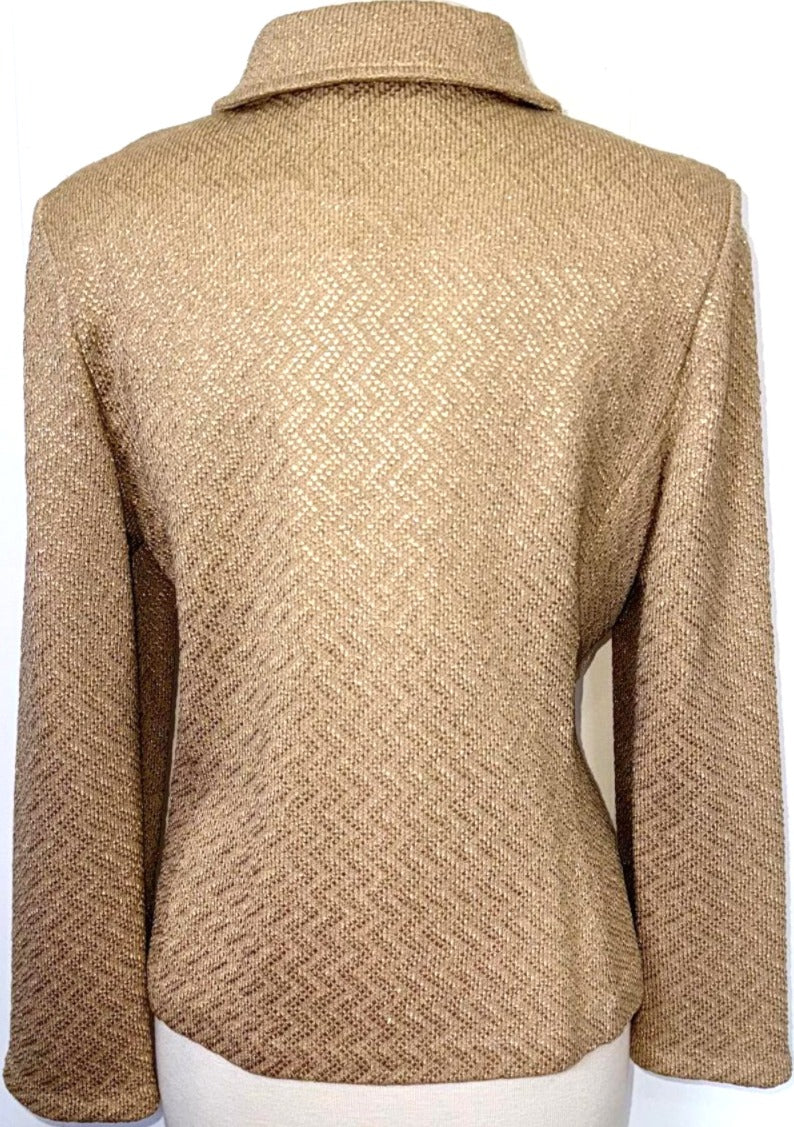 St. John Beige & Gold Textured Wool-Blend Evening Jacket - Logo Zipper Pull - Size 12