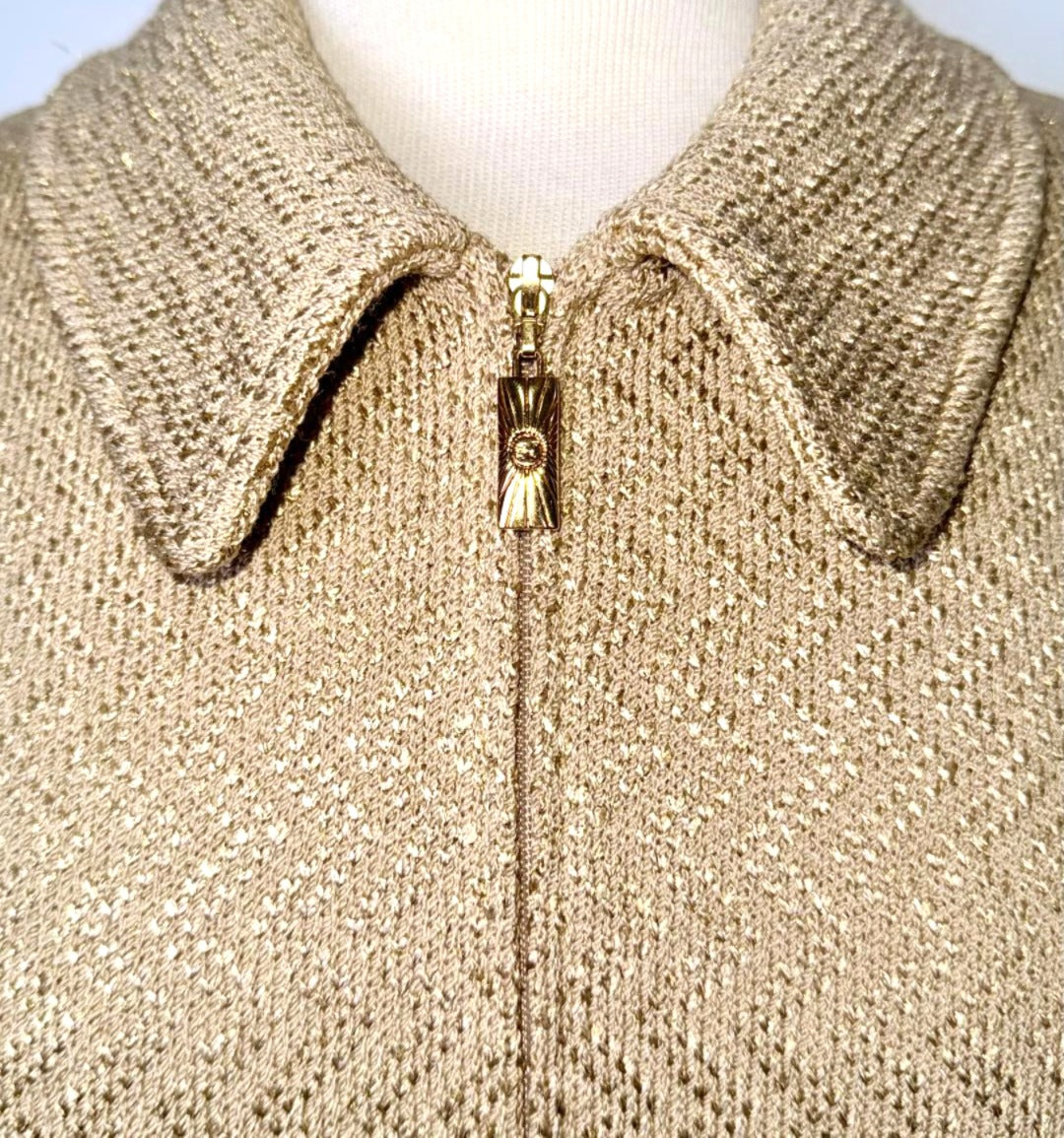 St. John Beige & Gold Textured Wool-Blend Evening Jacket - Logo Zipper Pull - Size 12