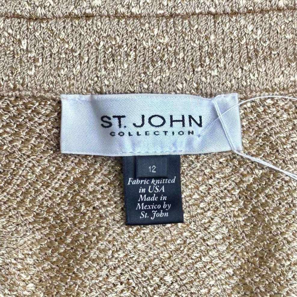 St. John Beige & Gold Textured Wool-Blend Evening Jacket - Logo Zipper Pull - Size 12
