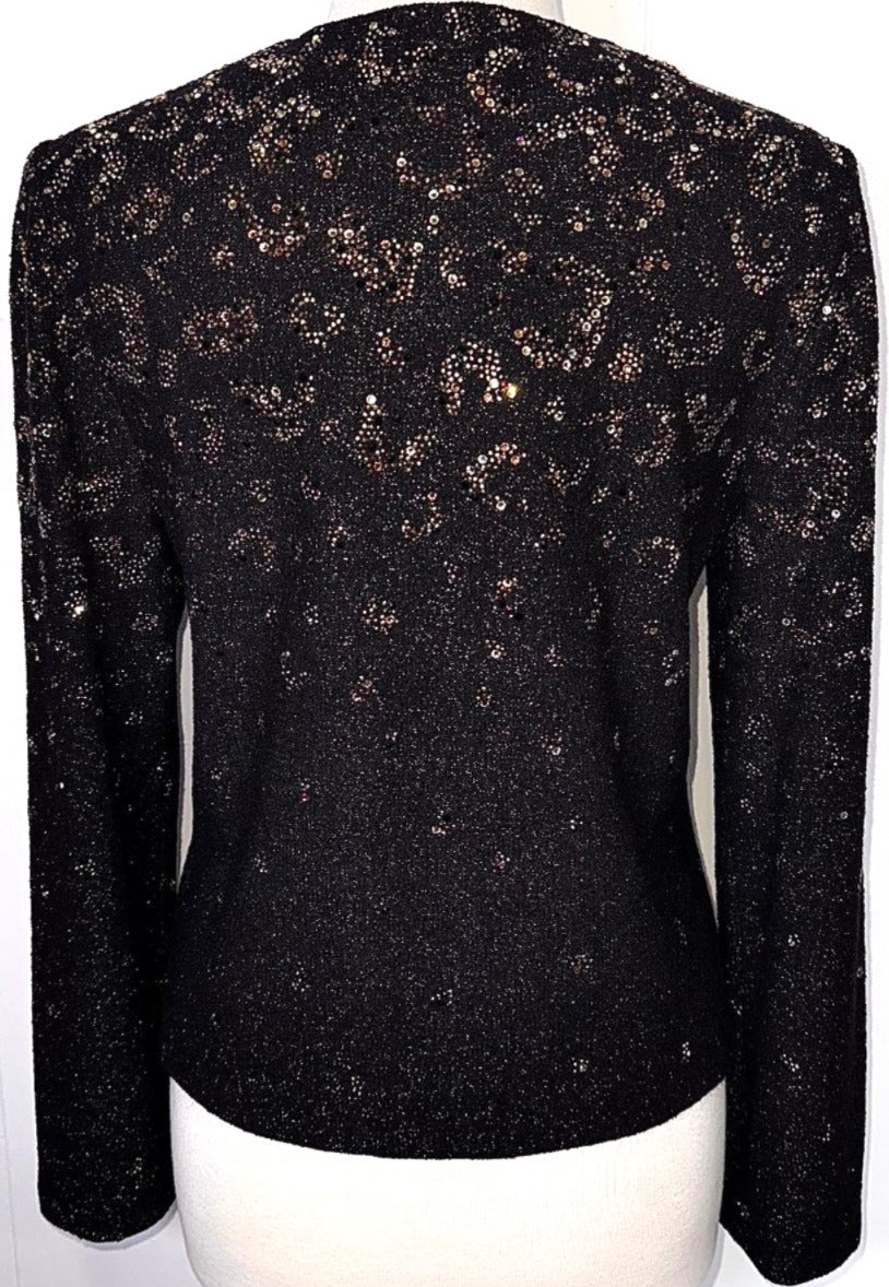 St. John Black & Gold Novelty Knit Evening Jacket - Crystal Paillettes - Size 12
