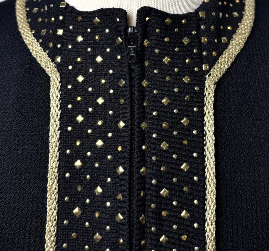 St. John Black Santana Knit Jacket - Gold Trim & Paillettes - Size M