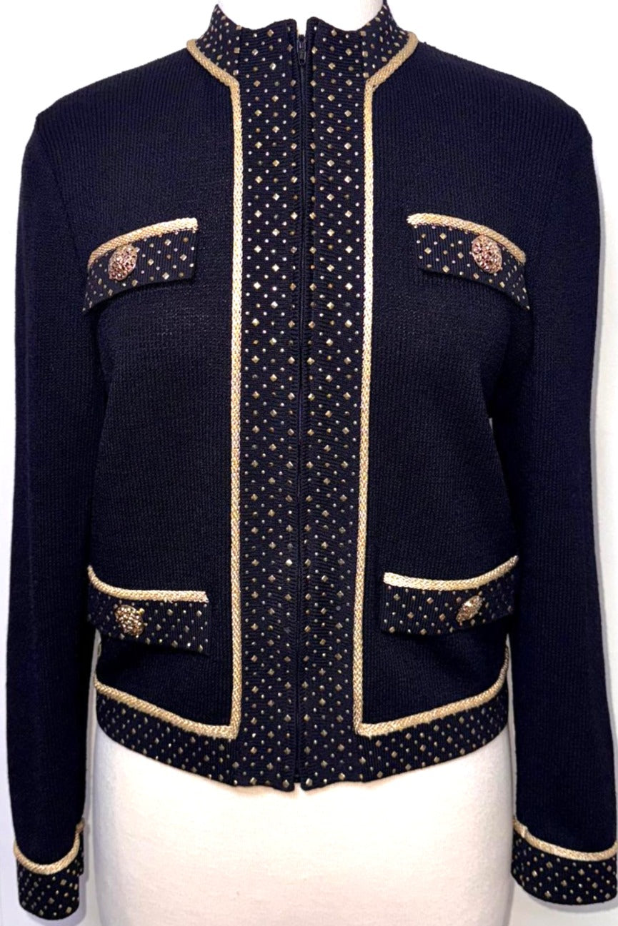 St. John Black Santana Knit Jacket - Gold Trim & Paillettes - Size M