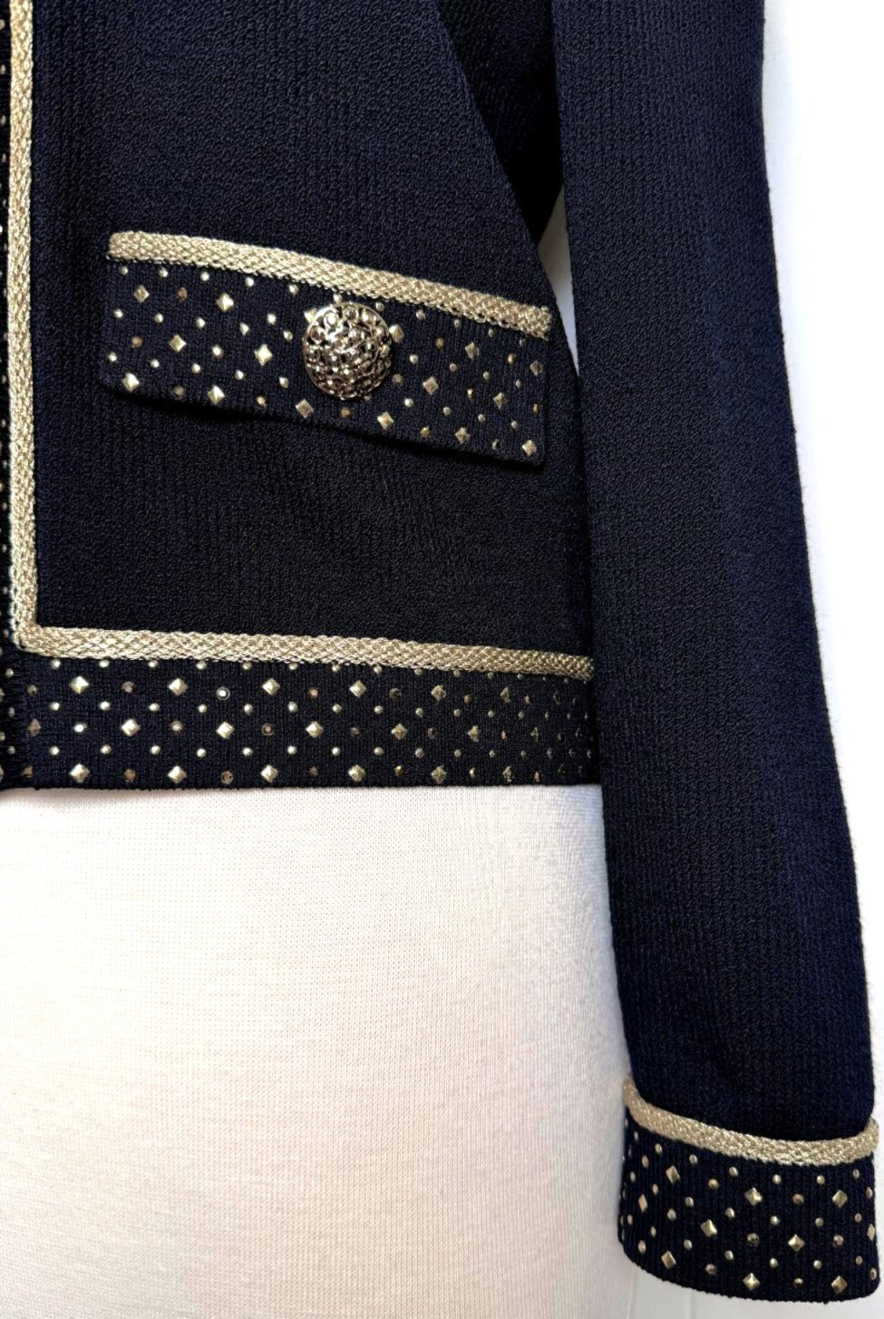 St. John Black Santana Knit Jacket - Gold Trim & Paillettes - Size M
