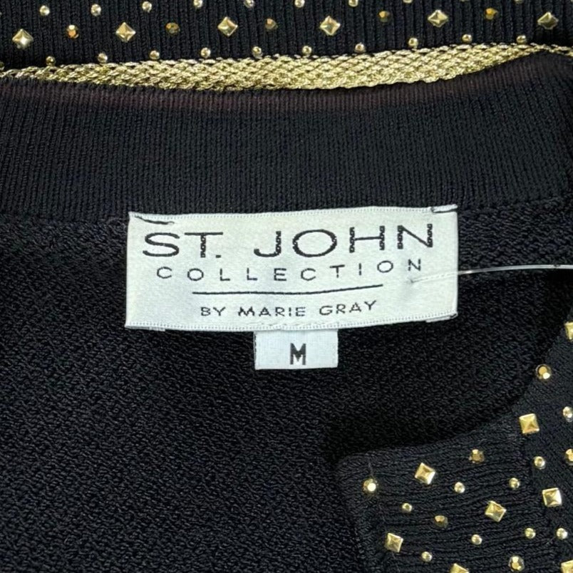 St. John Black Santana Knit Jacket - Gold Trim & Paillettes - Size M