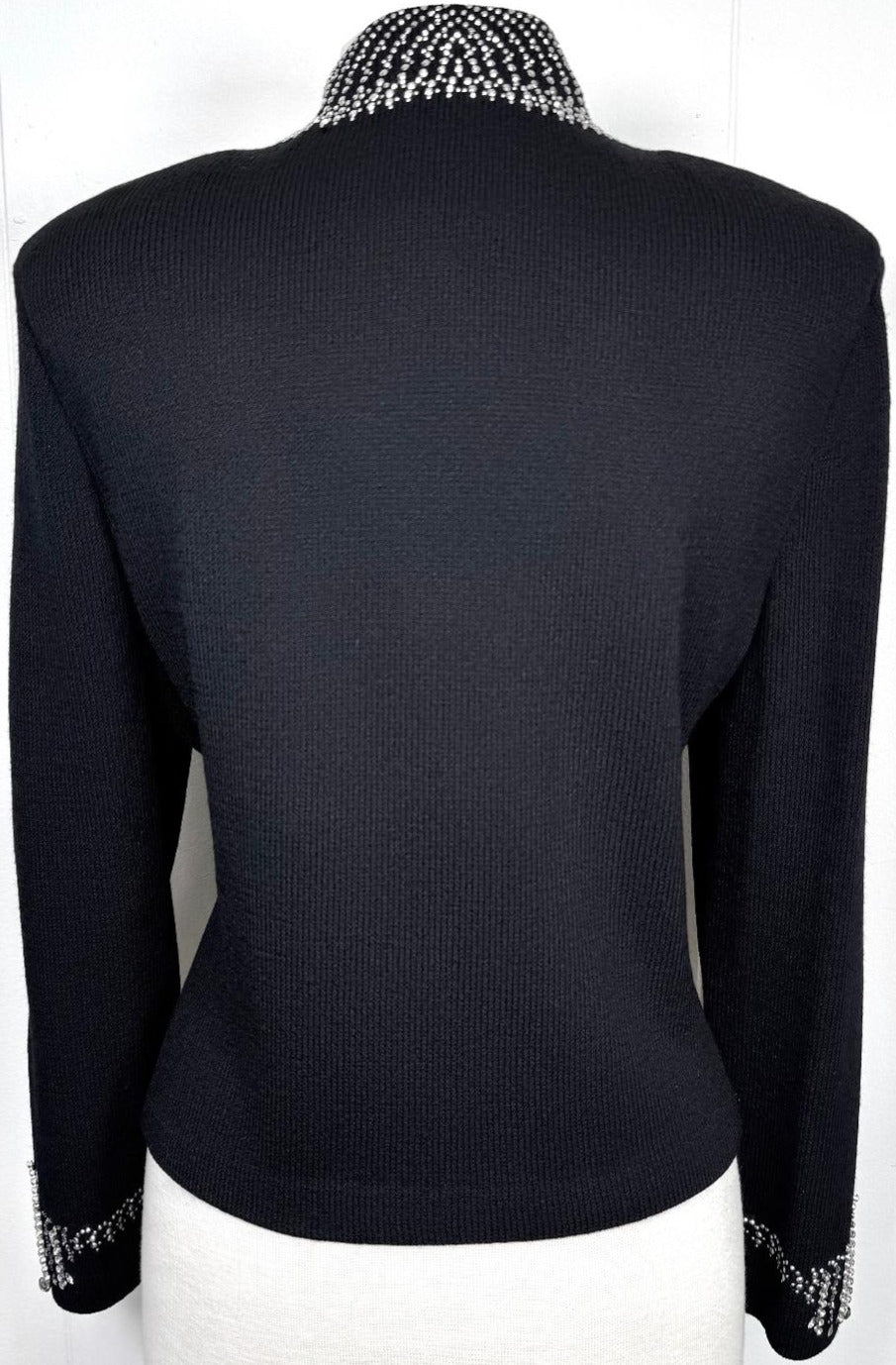 St. John Black Santana Knit Evening Jacket - Silver Crystal Paillettes & Embellishments - Size 16