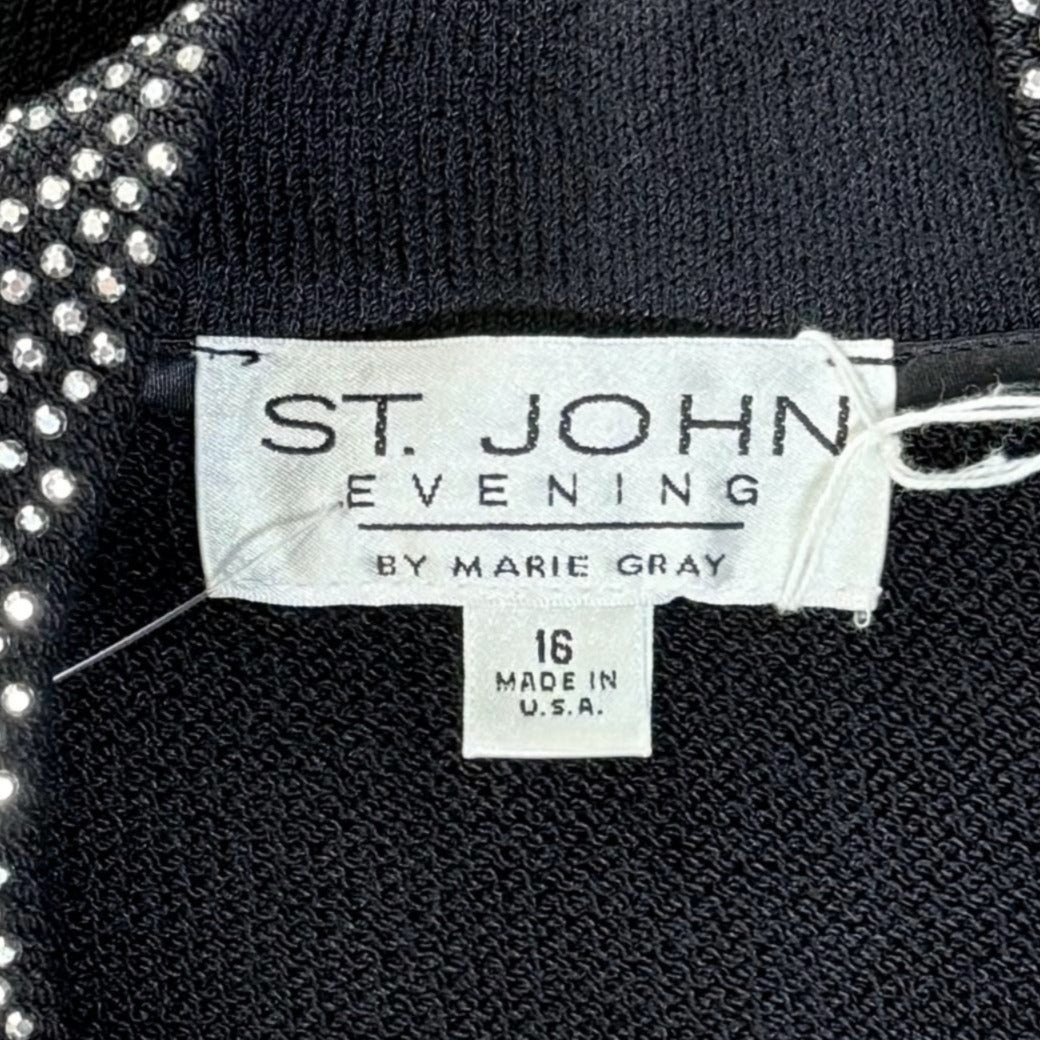 St. John Black Santana Knit Evening Jacket - Silver Crystal Paillettes & Embellishments - Size 16