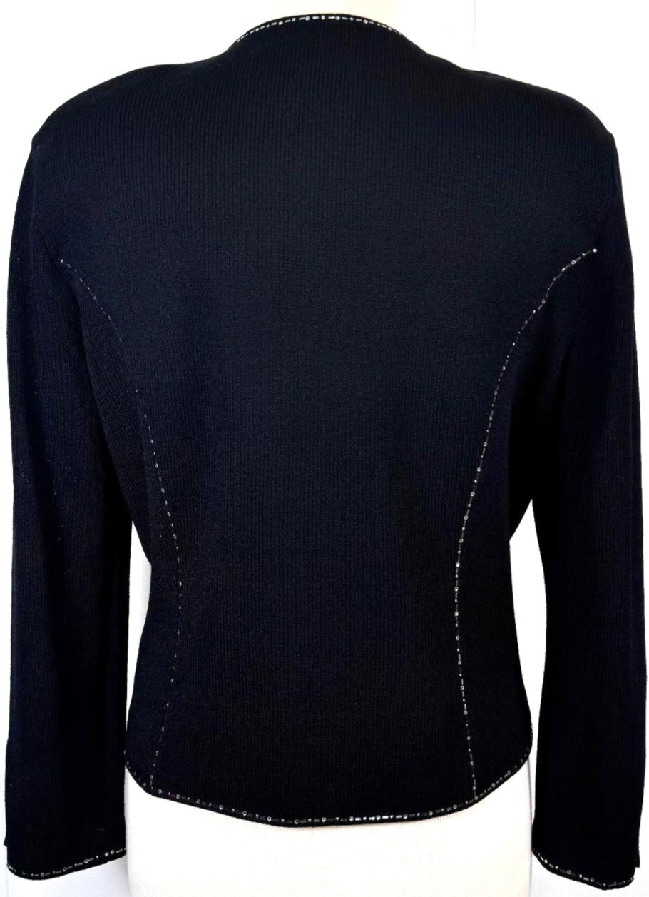 St. John Black Santana Knit Evening Jacket - Crystal Trim & Asymmetrical Hem – Size 12/14