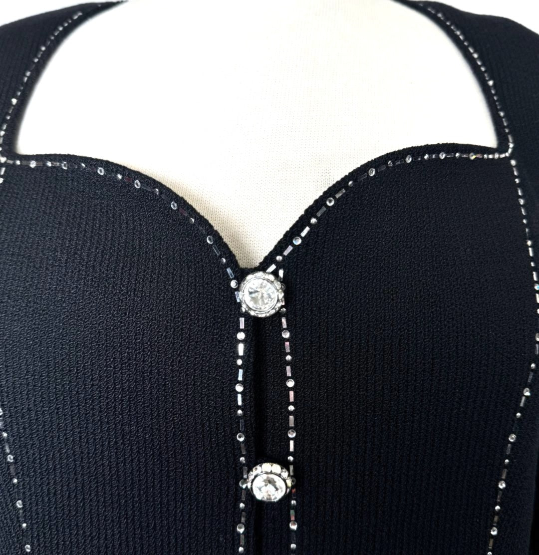 St. John Black Santana Knit Evening Jacket - Crystal Trim & Asymmetrical Hem – Size 12/14
