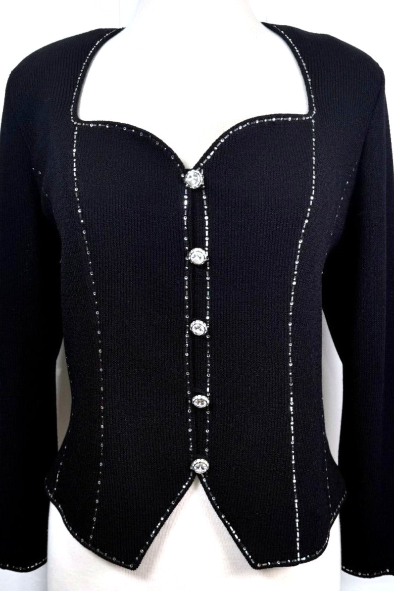 St. John Black Santana Knit Evening Jacket - Crystal Trim & Asymmetrical Hem – Size 12/14
