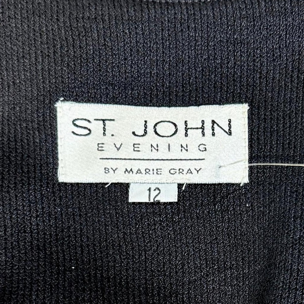 St. John Black Santana Knit Evening Jacket - Crystal Trim & Asymmetrical Hem – Size 12/14