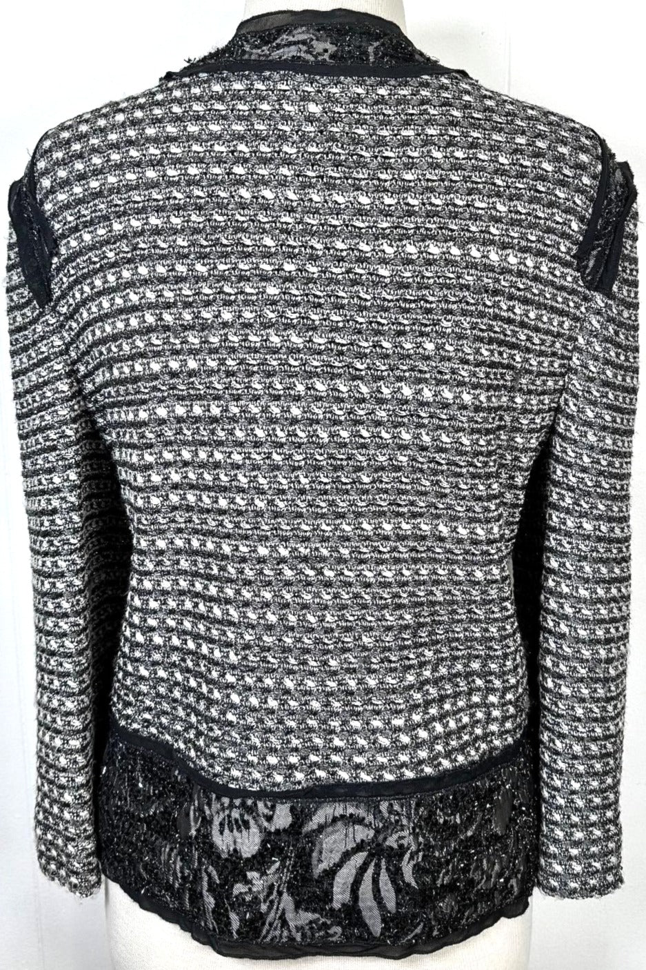 St. John Couture Black & Silver Novelty Knit Jacket - Textured Trim and Hook & Eye Closure - Size 12