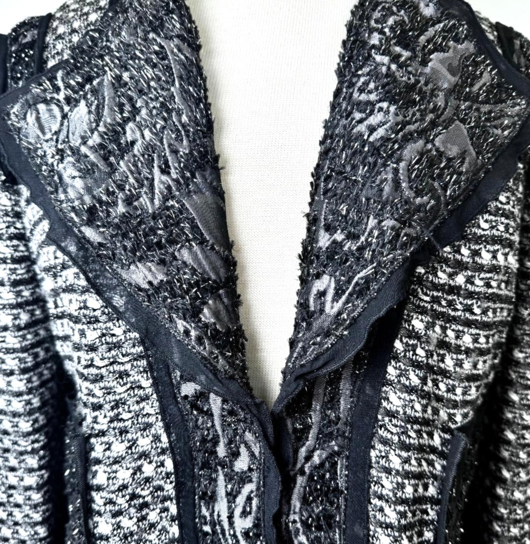 St. John Couture Black & Silver Novelty Knit Jacket - Textured Trim and Hook & Eye Closure - Size 12