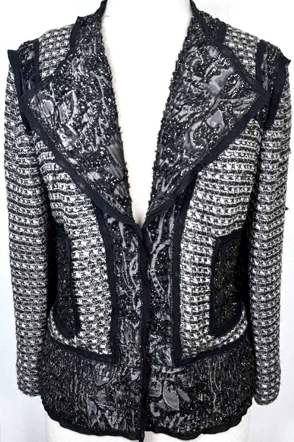 St. John Couture Black & Silver Novelty Knit Jacket - Textured Trim and Hook & Eye Closure - Size 12