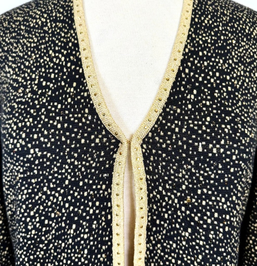 St. John Black & Gold Knit Long Evening Jacket - Paillette Trim and Hook & Eye Closure - Size 10
