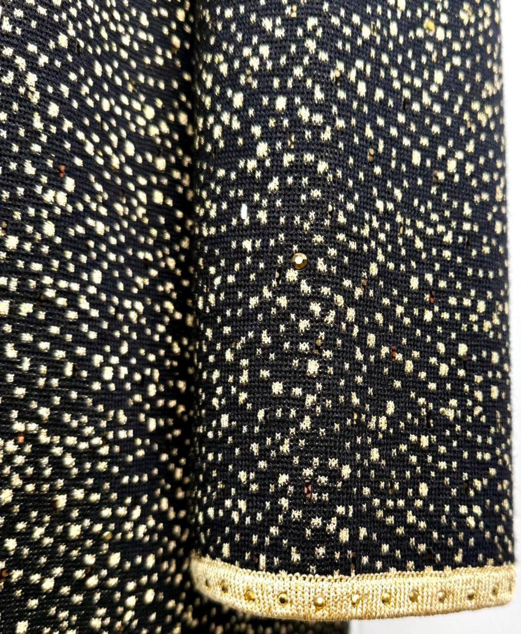 St. John Black & Gold Knit Long Evening Jacket - Paillette Trim and Hook & Eye Closure - Size 10