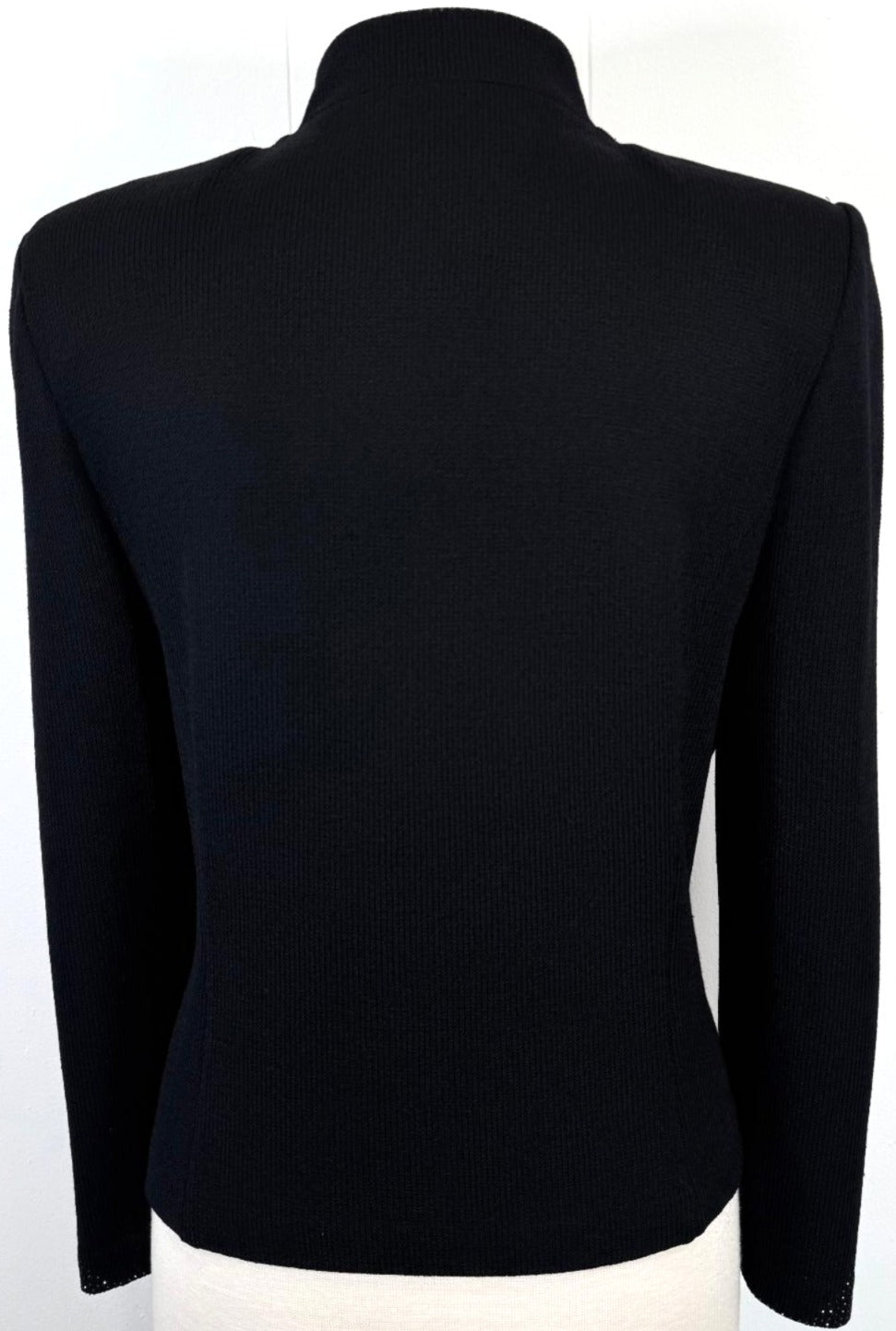 St. John Black Santana Knit Evening Jacket - Heart Buttons & Paillette Trim - Size 12 and 14
