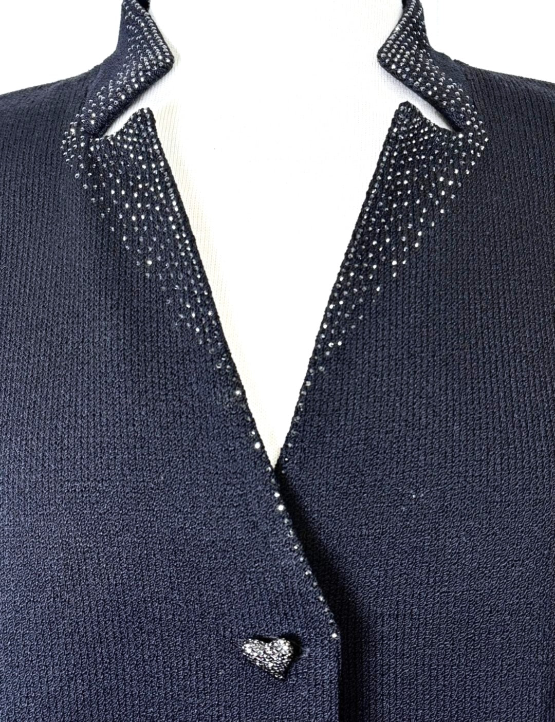 St. John Black Santana Knit Evening Jacket - Heart Buttons & Paillette Trim - Size 12 and 14