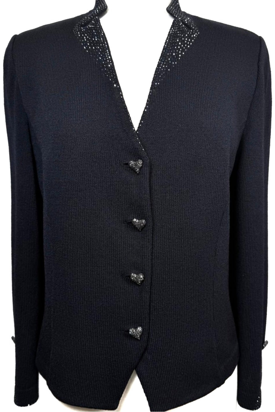 St. John Black Santana Knit Evening Jacket - Heart Buttons & Paillette Trim - Size 12 and 14