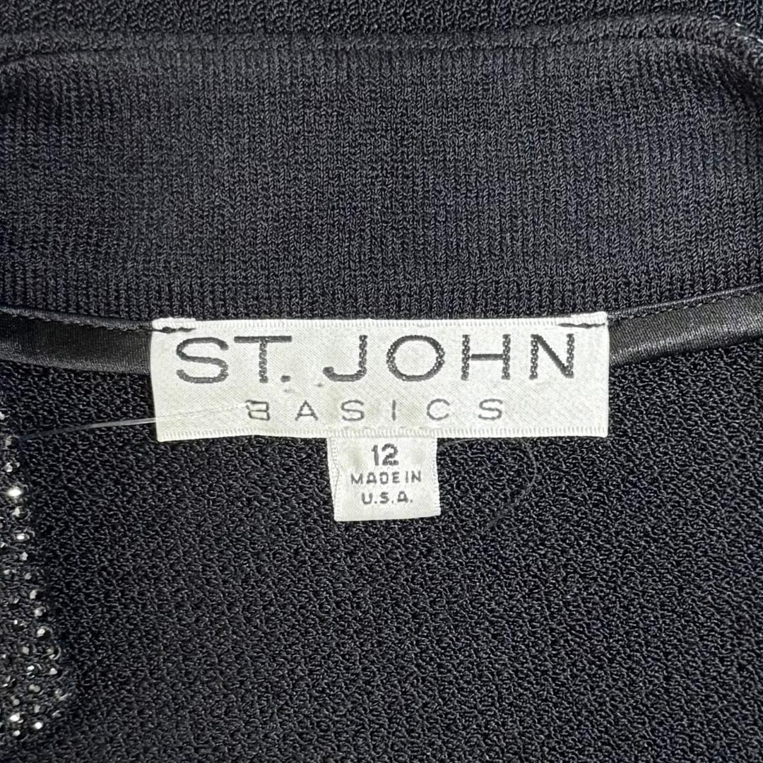 St. John Black Santana Knit Evening Jacket - Heart Buttons & Paillette Trim - Size 12 and 14