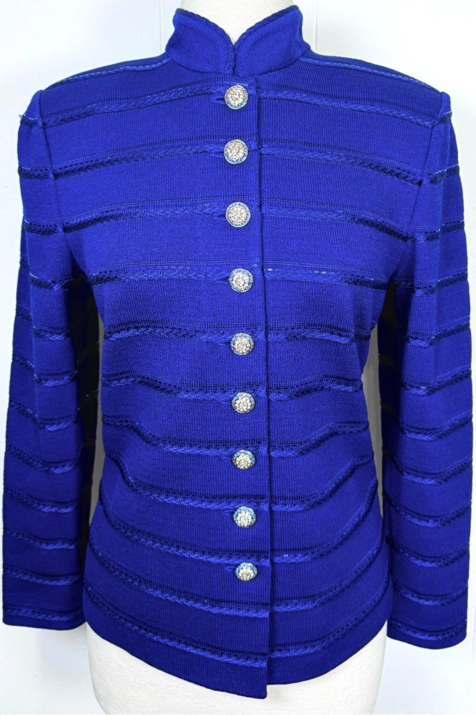 St. John Royal Blue Santana Knit Evening Jacket - Crystal Buttons & Paillette Stripes - Size 6