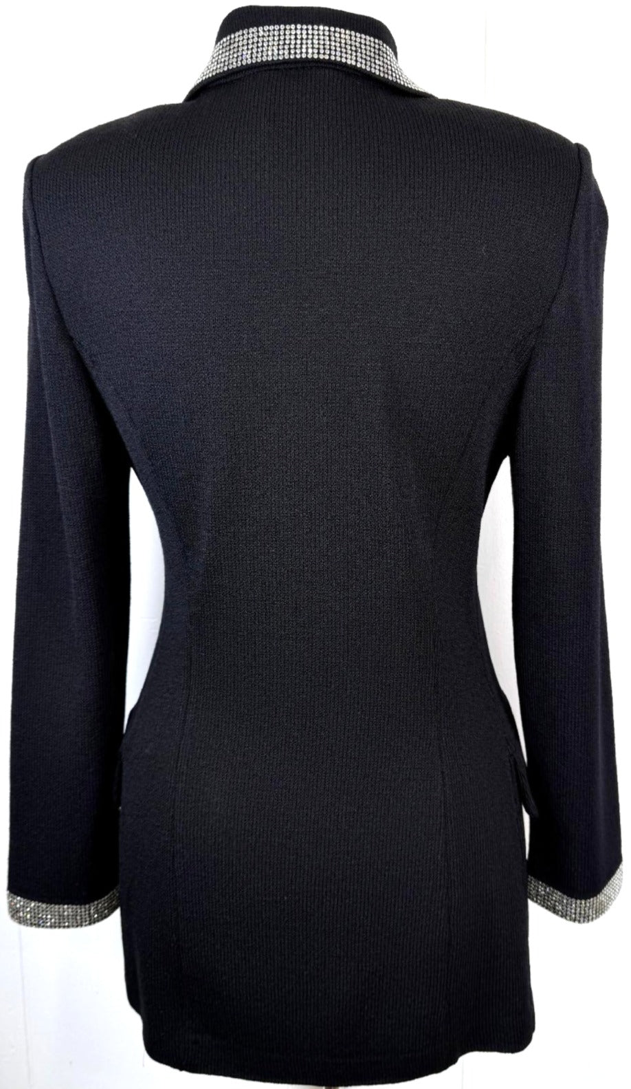 St. John Black Santana Knit Long Evening Jacket - Crystal Buttons & Paillette Trim - Size 4 and 10