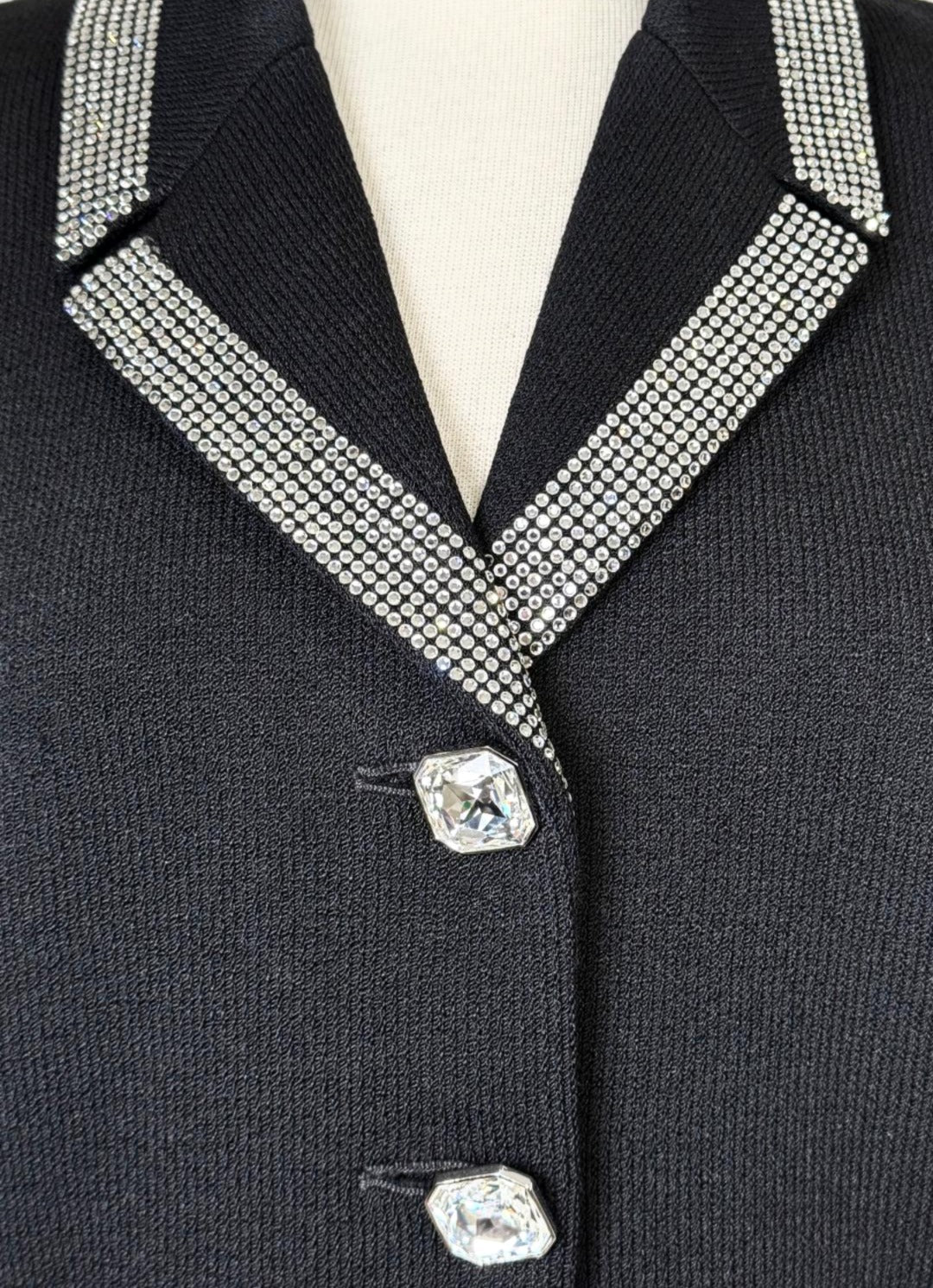 St. John Black Santana Knit Long Evening Jacket - Crystal Buttons & Paillette Trim - Size 4 and 10