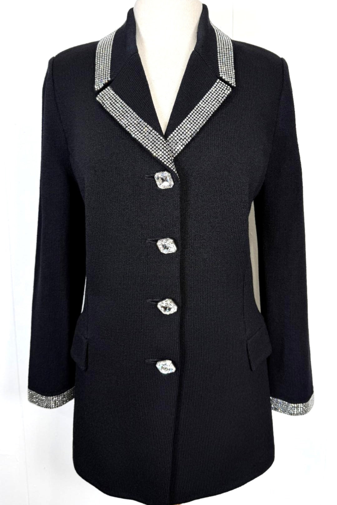 St. John Black Santana Knit Long Evening Jacket - Crystal Buttons & Paillette Trim - Size 4 and 10