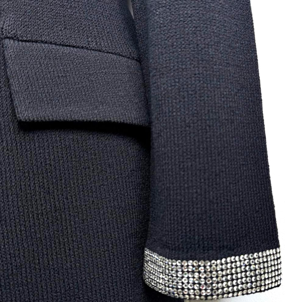 St. John Black Santana Knit Long Evening Jacket - Crystal Buttons & Paillette Trim - Size 4 and 10